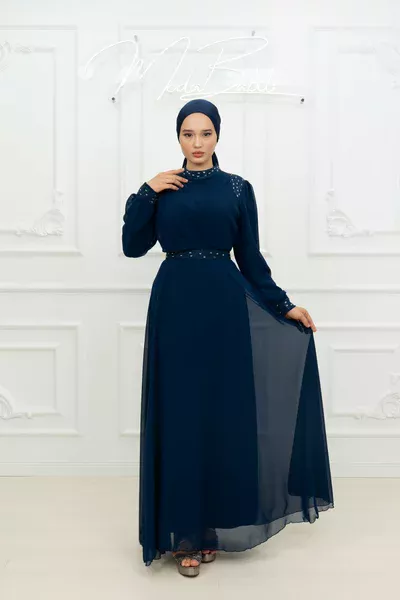 Amanda Kemer Boyun Kol Taş Detay Şifon Kloş Tesettür Abiye Lacivert