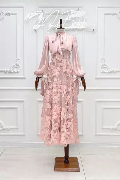 Aurel Yaka Bağlama Işıltı Ve Tül Kabartma kloş Tesettür Abiye Pudra