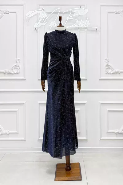 Ayışığı Büzgülü Yan Parçalı Balık Tesettür Abiye Lacivert