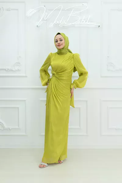 Deren Yan Düğüm Detay Işıltı Kumaş Kalem Tesettür Abiye Yağ Yeşil