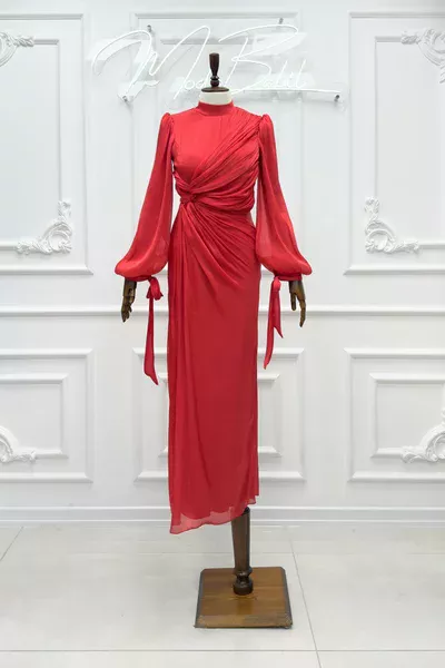 Deren Yan Düğüm Detay Işıltı Kumaş Kalem Tesettür Abiye Kırmızı