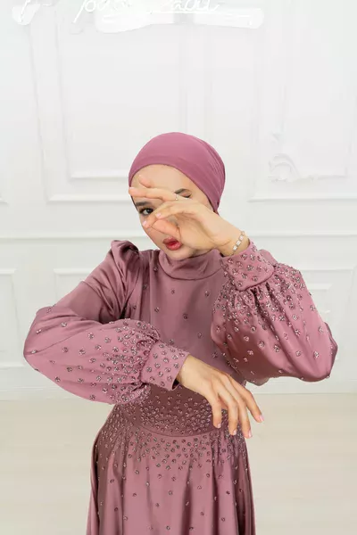 Dudu Ful Taş Detay Balon Kol Saten Tesettür Kloş Midiboy Prenses Abiye Lila