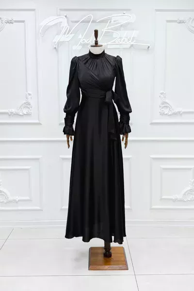 Ferzane Balon Kol Düğmeli Bel bağlamalı Kraş Saten Kloş Tesettür Abiye Siyah