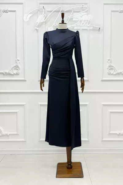 Funda Drapeli Pelerin Detay Saten Kumaş Kalem Tesettür Abiye Lacivert