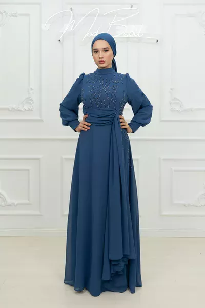 Handa Taş Detay Kloş Abiye İndigo