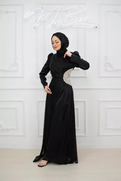 Hilal Yan Taş Detay Işıltı Kumaş Kalem Tesettür Abiye Siyah