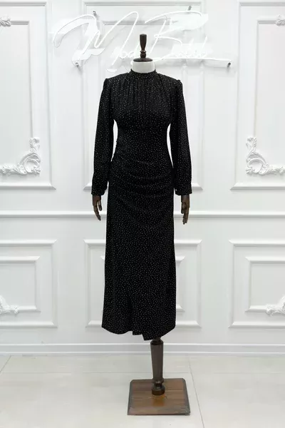 İzel Göğüs Büzgülü Esnek Örme Kumaş Kalem Tesettür Abiye Siyah