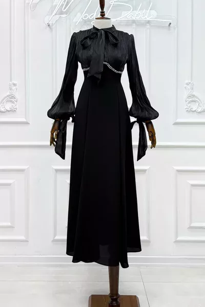 Jülyet Yaka bağlama Işıltı Ve Krep Kumaş kloş Tesettür Abiye Siyah