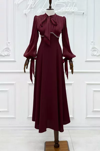 Jülyet Yaka bağlama Işıltı Ve Krep Kumaş kloş Tesettür Abiye Bordo