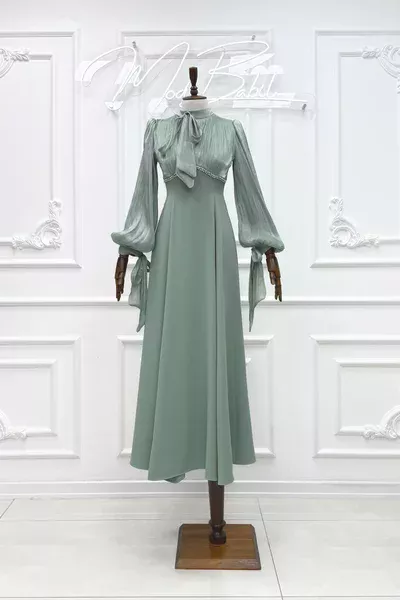 Jülyet Yaka bağlama Işıltı Ve Krep Kumaş kloş Tesettür Abiye Mint Yeşil