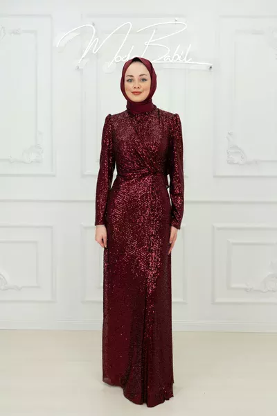 Leman Bel Büzgülü Yan Parçalı Pul Payet Balık Tesettür Abiye Bordo