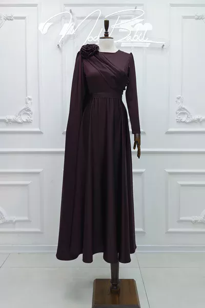 Nurçin Gül Detay Saten kumaş Kloş Tesettür Abiye Bordo
