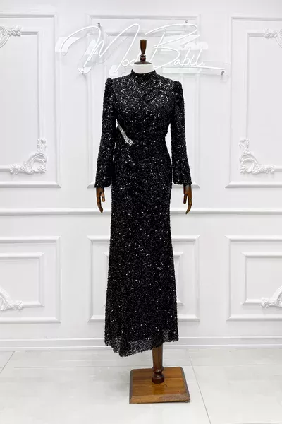 Pare Bel Büzgü Ve Taş Detay Pul Payet Balık Tesettür Abiye Siyah