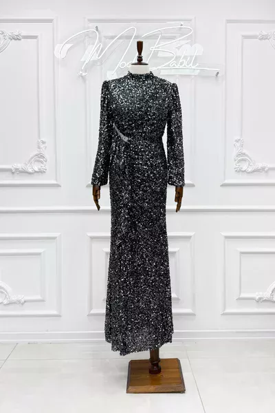 Pare Bel Büzgü Ve Taş Detay Pul Payet Balık Tesettür Abiye Antrasit