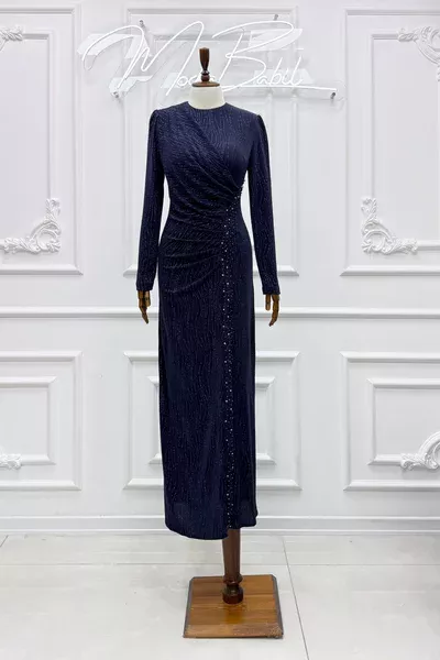 Perra Büzgü Ve Taş Detay Esnek Örme Kumaş Kalem Tesettür Abiye Lacivert