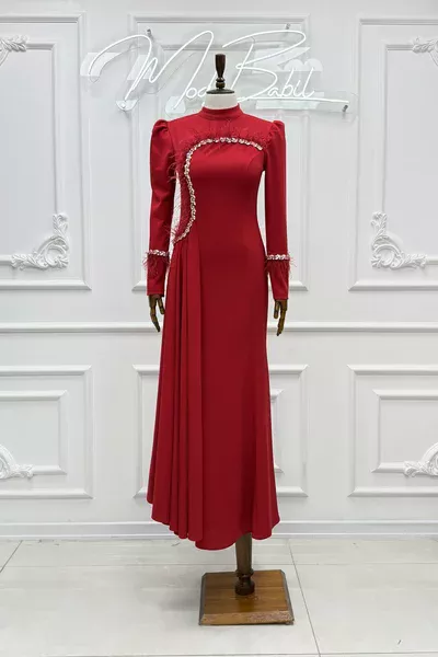 Seçil Taşlı Ve Tüylü Balık Krep Tesettür Abiye Krımızı