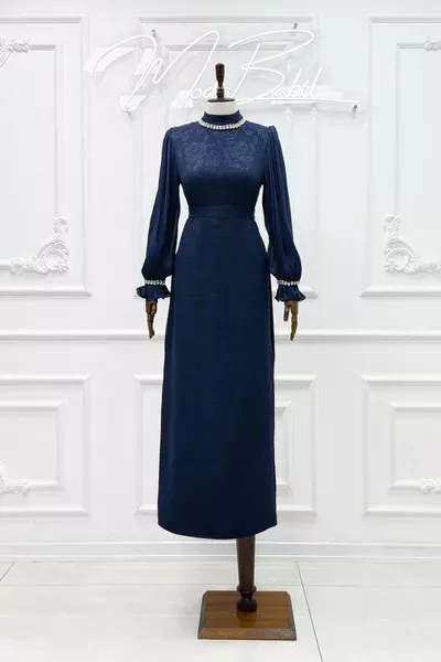 Sümbül  Taş Detay Jakar Kumaş Tesettür Abiye Lacivert