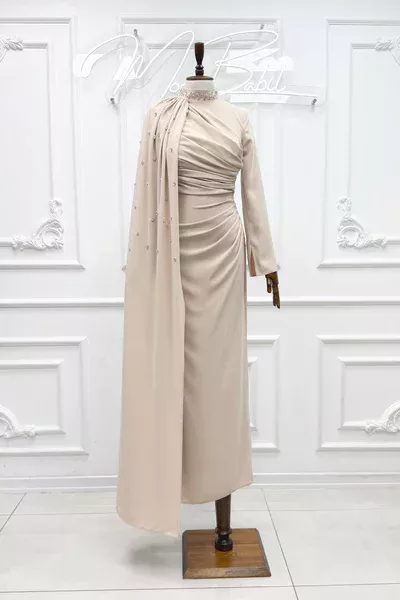 Tuana Omuz Pelerinli Taş Detay Tül Tesettür Abiye Krem