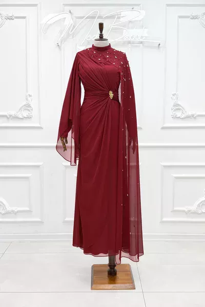 Yakut Omuz Pelerinli Taş Detay Tül Tesettür Abiye Bordo