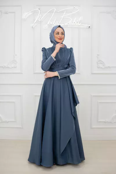 Zehra Bilek Taş Detay Organze Kumaş Tesettür Prenses Abiye İndigo